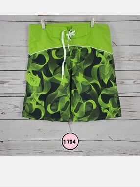 Neon Green Wave Pattern Men's Swim Trunks